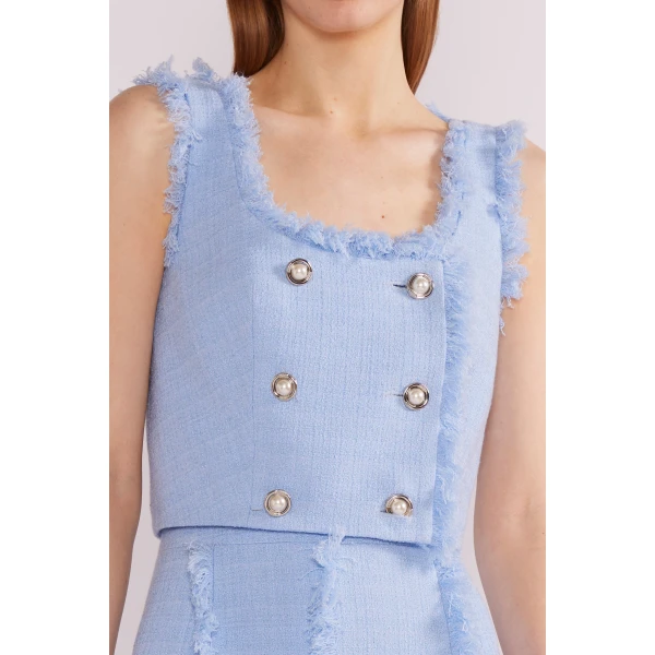 Huishan Zhang Lara Top in Sky Blue Tweed | Sleeveless | Coveti