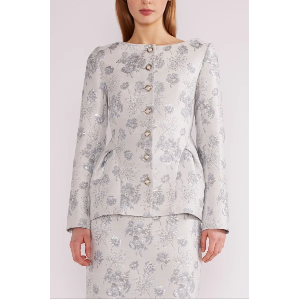 Huishan Zhang Mara Jacket in Light Blue Jacquard | Jackets | Coveti