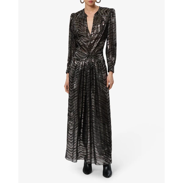 Isabel Marant Felby Silk Dress in Black and Silver | Maxi Dresses | Coveti