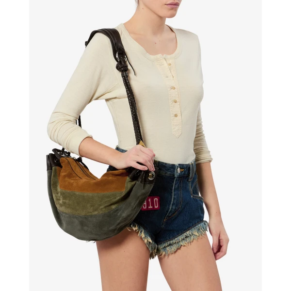 Isabel Marant Maia Medium Bag in Suede Leather, Multicolor Khaki | Shoulder & Crossbody Bags | Coveti