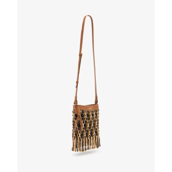 Isabel Marant Noli Bag in Macrame and Leather, Multicolor Brown | Bucket Bags | Coveti