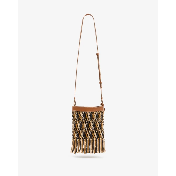 Isabel Marant Noli Bag in Macrame and Leather, Multicolor Brown | Bucket Bags | Coveti