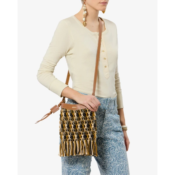 Isabel Marant Noli Bag in Macrame and Leather, Multicolor Brown | Bucket Bags | Coveti