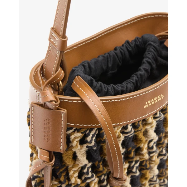 Isabel Marant Noli Bag in Macrame and Leather, Multicolor Brown | Bucket Bags | Coveti
