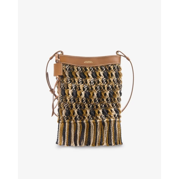 Isabel Marant Noli Bag in Macrame and Leather, Multicolor Brown | Bucket Bags | Coveti