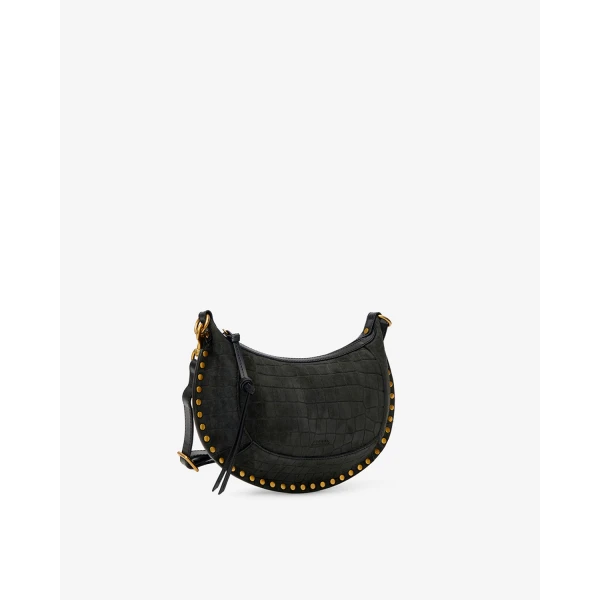 Isabel Marant Oskan Moon Bag in Crocodile-Effect Velvet Leather, Black | Shoulder & Crossbody Bags | Coveti