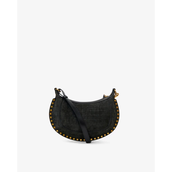 Isabel Marant Oskan Moon Bag in Crocodile-Effect Velvet Leather, Black | Shoulder & Crossbody Bags | Coveti