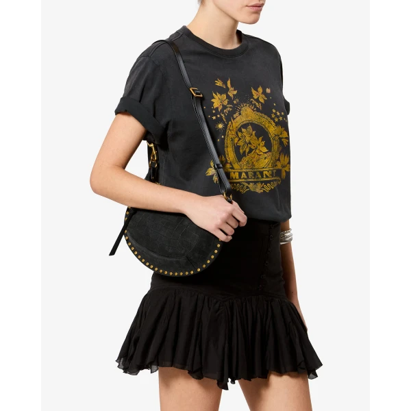 Isabel Marant Oskan Moon Bag in Crocodile-Effect Velvet Leather, Black | Shoulder & Crossbody Bags | Coveti
