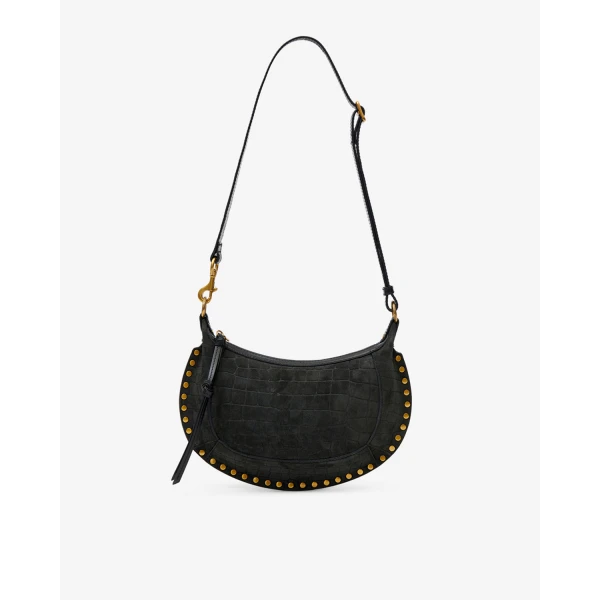 Isabel Marant Oskan Moon Bag in Crocodile-Effect Velvet Leather, Black | Shoulder & Crossbody Bags | Coveti