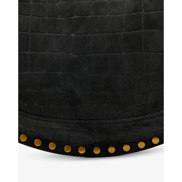 Isabel Marant Oskan Moon Bag in Crocodile-Effect Velvet Leather, Black | Shoulder & Crossbody Bags | Coveti