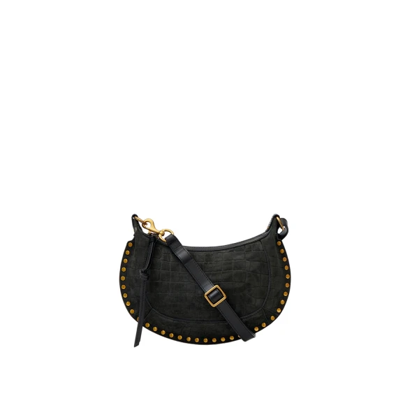 Isabel Marant Oskan Moon Bag in Crocodile-Effect Velvet Leather, Black | Women | Coveti