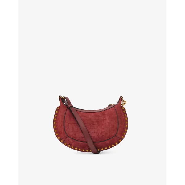 Isabel Marant Oskan Moon Bag in Crocodile-Effect Velvet Leather, Cherry | Shoulder & Crossbody Bags | Coveti