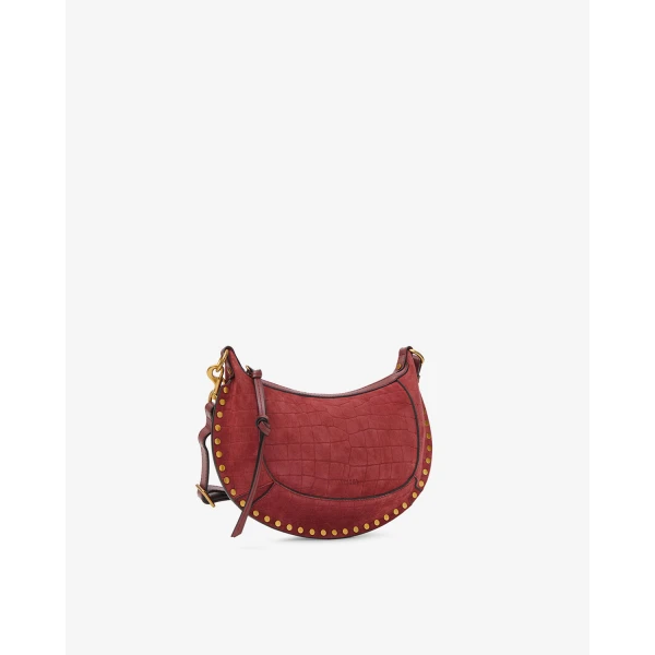 Isabel Marant Oskan Moon Bag in Crocodile-Effect Velvet Leather, Cherry | Shoulder & Crossbody Bags | Coveti