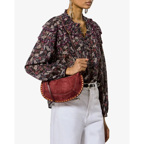 Isabel Marant Oskan Moon Bag in Crocodile-Effect Velvet Leather, Cherry | Shoulder & Crossbody Bags | Coveti