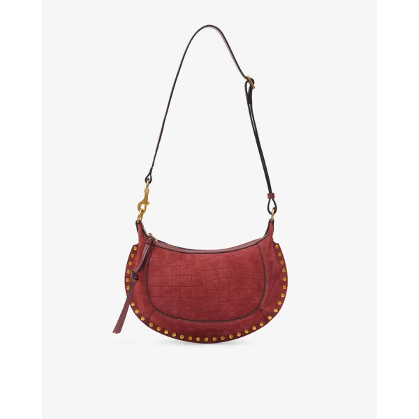 Isabel Marant Oskan Moon Bag in Crocodile-Effect Velvet Leather, Cherry | Shoulder & Crossbody Bags | Coveti