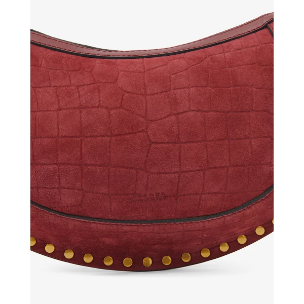 Isabel Marant Oskan Moon Bag in Crocodile-Effect Velvet Leather, Cherry | Shoulder & Crossbody Bags | Coveti