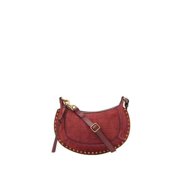 Isabel Marant Oskan Moon Bag in Crocodile-Effect Velvet Leather, Cherry | Women | Coveti