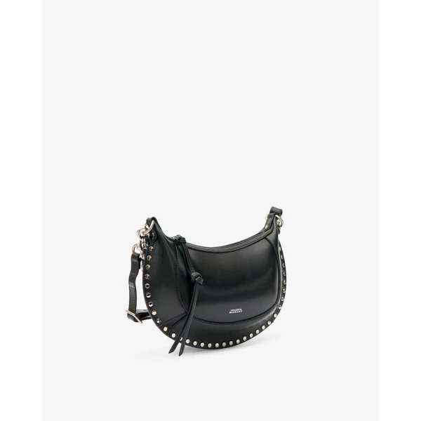 Isabel Marant Oskan Moon Bag in Grained Leather, Black and Silver | Shoulder & Crossbody Bags | Coveti