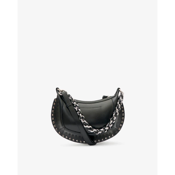 Isabel Marant Oskan Moon Bag in Grained Leather, Black and Silver | Shoulder & Crossbody Bags | Coveti