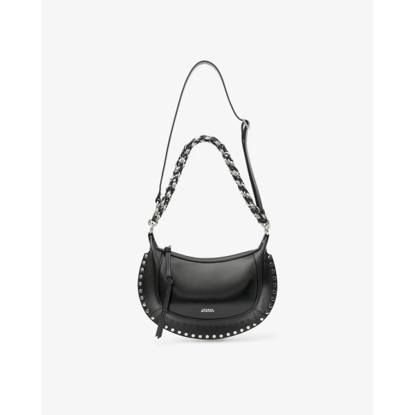 Isabel Marant Oskan Moon Bag in Grained Leather, Black and Silver | Shoulder & Crossbody Bags | Coveti