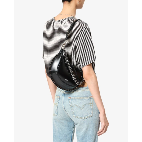 Isabel Marant Oskan Moon Bag in Grained Leather, Black and Silver | Shoulder & Crossbody Bags | Coveti