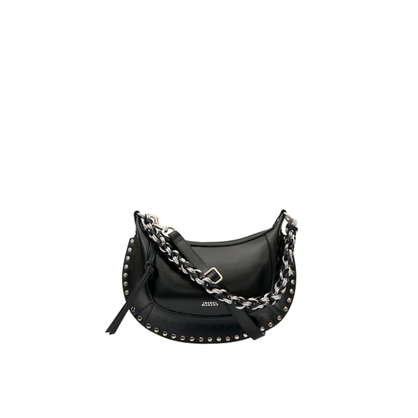 Isabel Marant Oskan Moon Bag in Grained Leather, Black and Silver | Women | Coveti