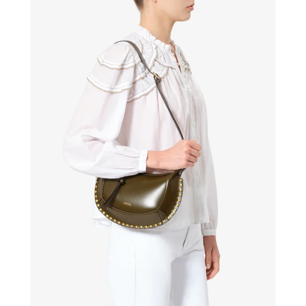 Isabel Marant Oskan Moon Bag in Leather, Dark Olive | Shoulder & Crossbody Bags | Coveti