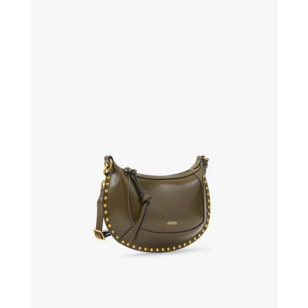 Isabel Marant Oskan Moon Bag in Leather, Dark Olive | Shoulder & Crossbody Bags | Coveti