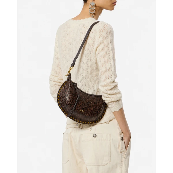 Isabel Marant Oskan Moon Bag in Python-Effect Grained Leather, Mocha | Shoulder & Crossbody Bags | Coveti