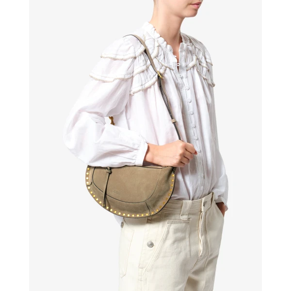 Isabel Marant Oskan Moon Bag in Suede Leather, Smoky Taupe | Shoulder & Crossbody Bags | Coveti