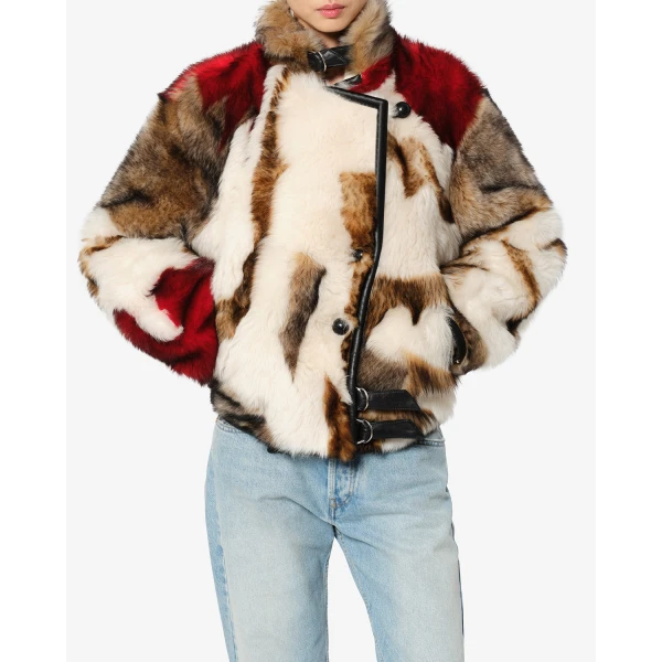 Isabel Marant Roama Shearling Coat in Ecru and Red | Coats | Coveti
