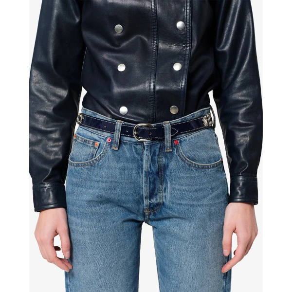 Isabel Marant Zap Leather Belt in Dark Blue and Palladium | Belts | Coveti