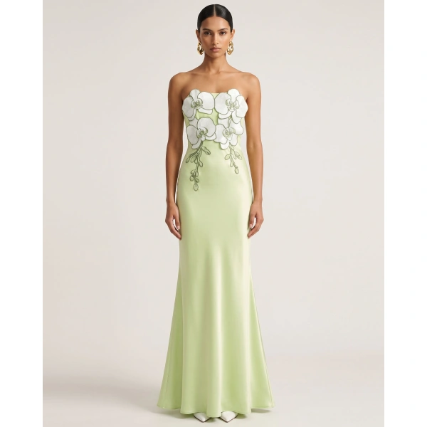 JW PEI 3D Floral Strapless Satin Slit Maxi Dress in Light Green | Maxi Dresses | Coveti