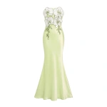 JW PEI 3D Floral Strapless Satin Slit Maxi Dress in Light Green | Maxi Dresses | Coveti