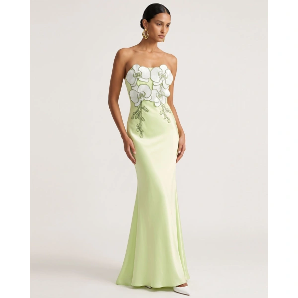 JW PEI 3D Floral Strapless Satin Slit Maxi Dress in Light Green | Maxi Dresses | Coveti