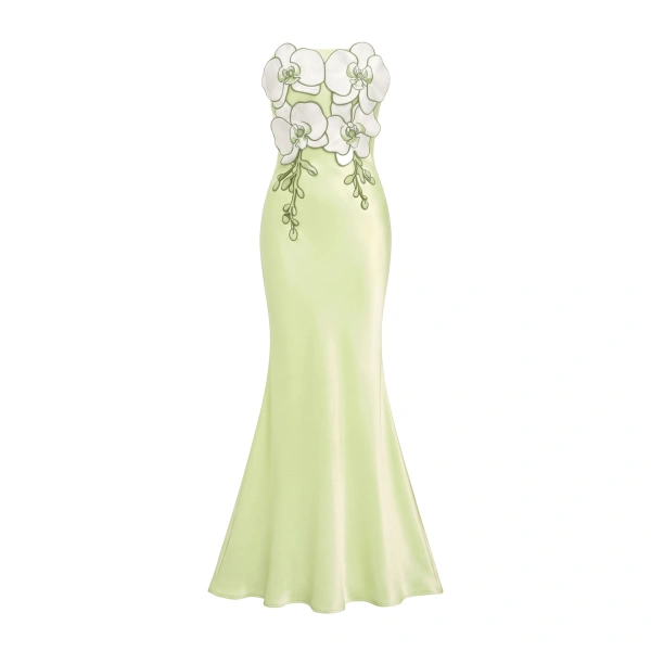 3D Floral Strapless Satin Slit Maxi Dress in Light Green