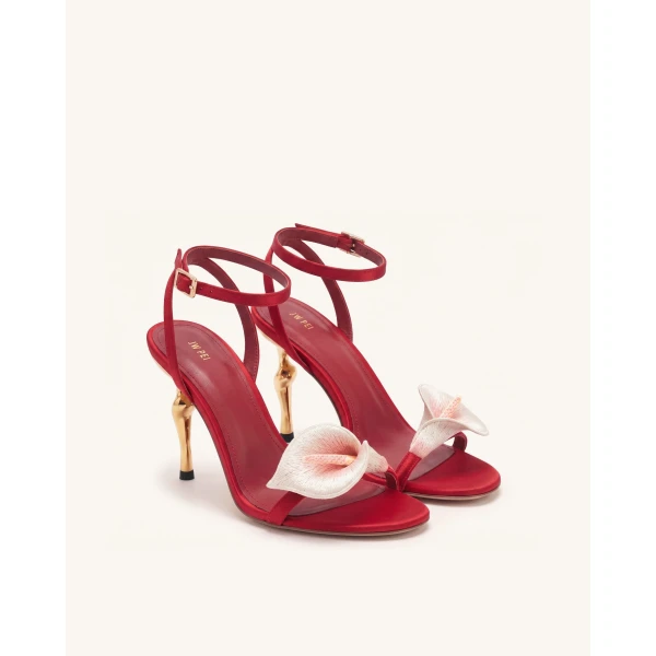 JW PEI Alivia Calla Lily Gold Metal Heel Sandals in Red | Sandals | Coveti