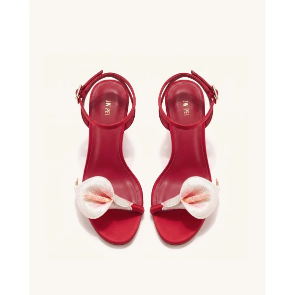 JW PEI Alivia Calla Lily Gold Metal Heel Sandals in Red | Sandals | Coveti