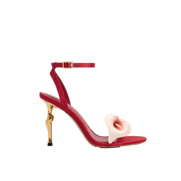 JW PEI Alivia Calla Lily Gold Metal Heel Sandals in Red | Sandals | Coveti