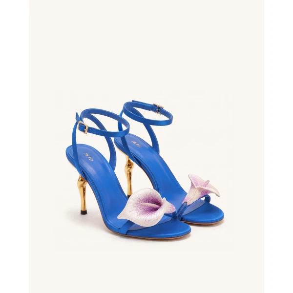 JW PEI Alivia Calla Lily Gold Metal Heel Sandals in Royal Blue | Sandals | Coveti