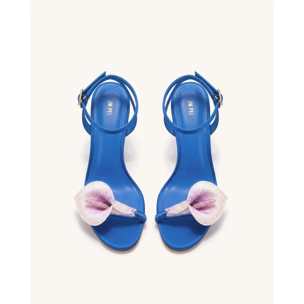JW PEI Alivia Calla Lily Gold Metal Heel Sandals in Royal Blue | Sandals | Coveti