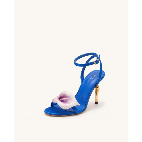 JW PEI Alivia Calla Lily Gold Metal Heel Sandals in Royal Blue | Sandals | Coveti