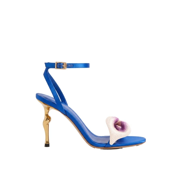 JW PEI Alivia Calla Lily Gold Metal Heel Sandals in Royal Blue | Sandals | Coveti