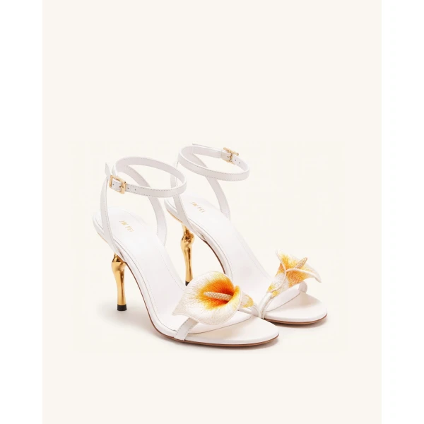 JW PEI Alivia Calla Lily Gold Metal Heel Sandals in White | Sandals | Coveti