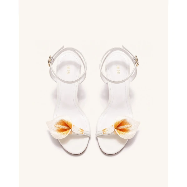 JW PEI Alivia Calla Lily Gold Metal Heel Sandals in White | Sandals | Coveti