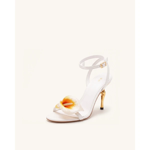 JW PEI Alivia Calla Lily Gold Metal Heel Sandals in White | Sandals | Coveti