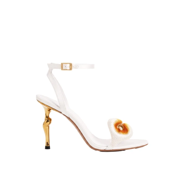 JW PEI Alivia Calla Lily Gold Metal Heel Sandals in White | Sandals | Coveti