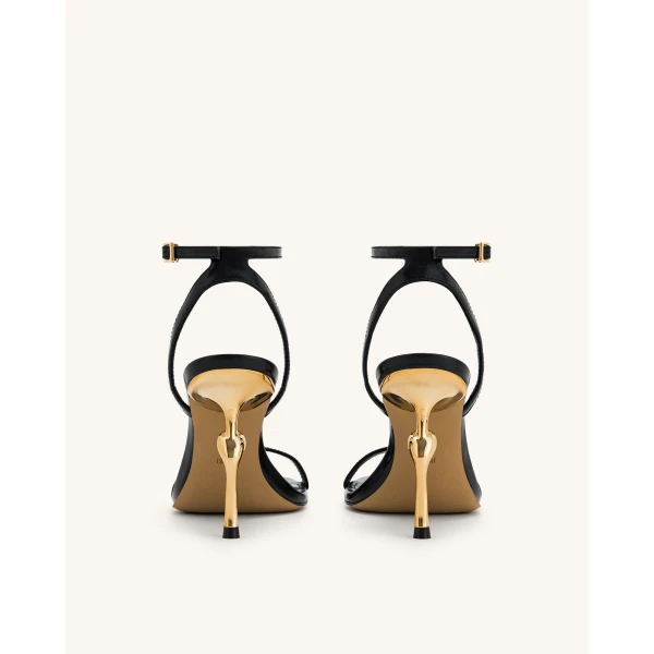 JW PEI Alivia Gold Metal Heel Sandals in Black | Sandals | Coveti