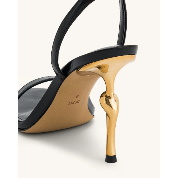 JW PEI Alivia Gold Metal Heel Sandals in Black | Sandals | Coveti