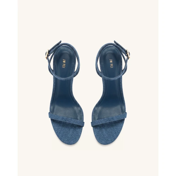 JW PEI Alivia Gold Metal Heel Sandals in Denim Blue | Sandals | Coveti